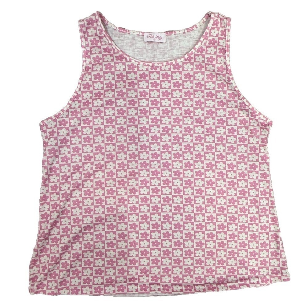 Pink Lily Tank Top Women Size Small Pink & White Floral Pattern Short